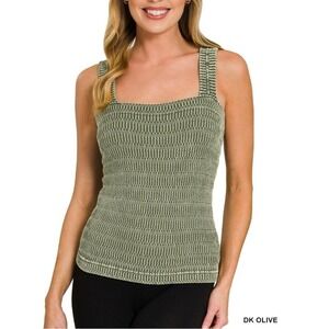 Zenana‎ Smocked Square Neck Tank Top Dark Olive Womem Small/Medium